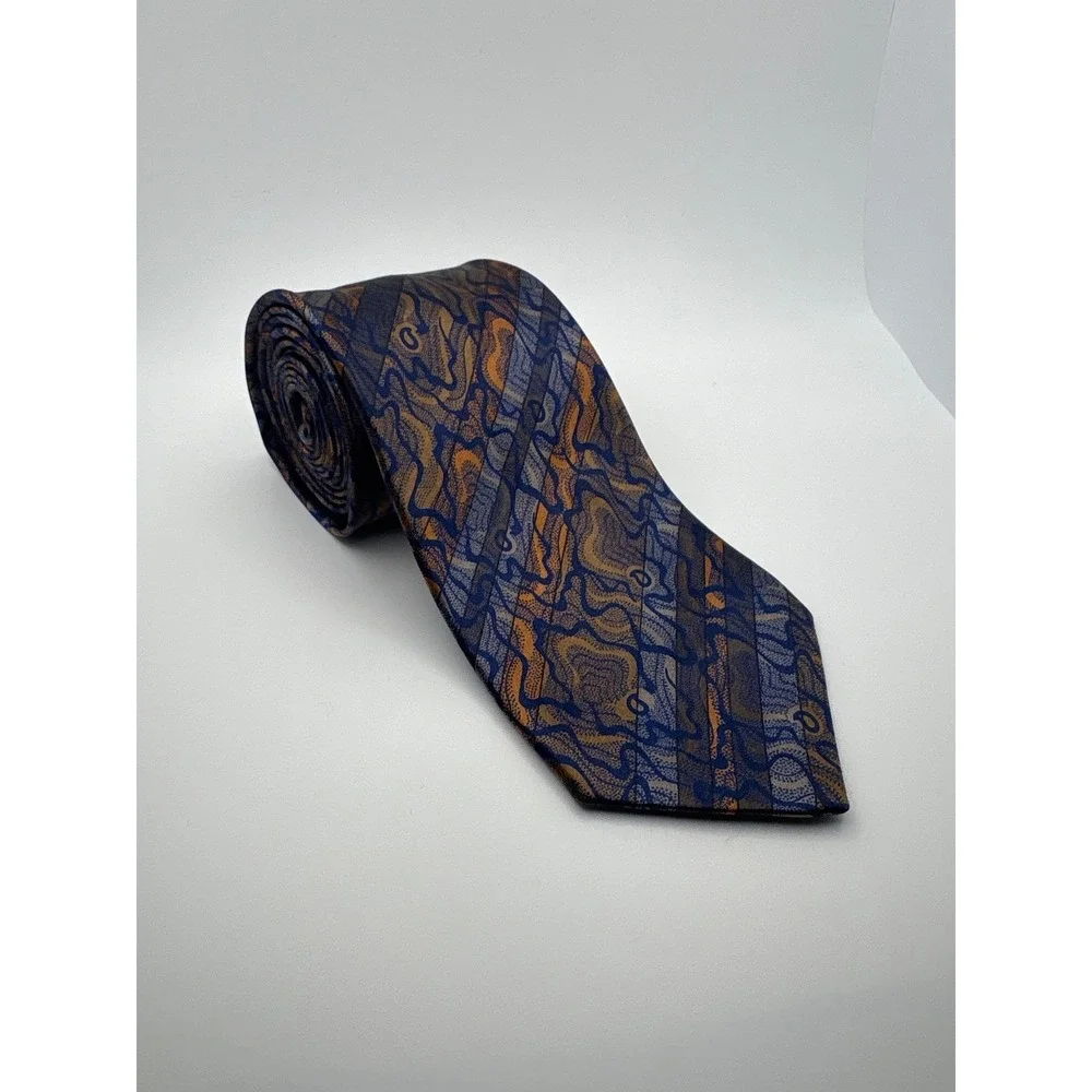 Brioni Silk Tie Blue Orange Abstract Swirl Geometric Pattern Made in Italy